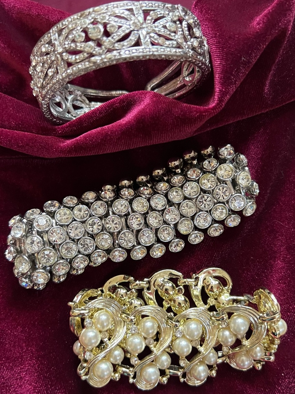 Set of 3 Vintage Bracelets Signed Monet Pearl & Stainless Steel Rhinestone Pearl